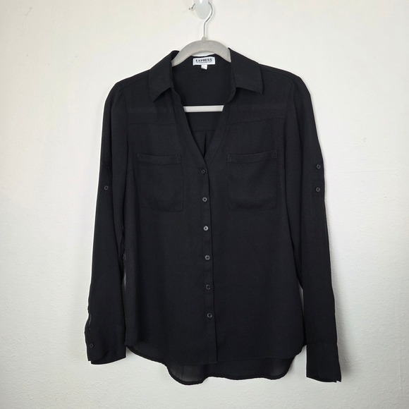 Express Tops - Express Portofino Shirt Womens Small Black Button Up Roll Tab Sleeve Blouse